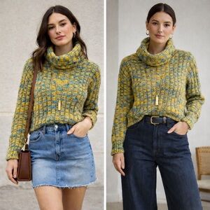 Urban Outfitters Yellow and Blue Cropped Cozy Turtleneck Sweater